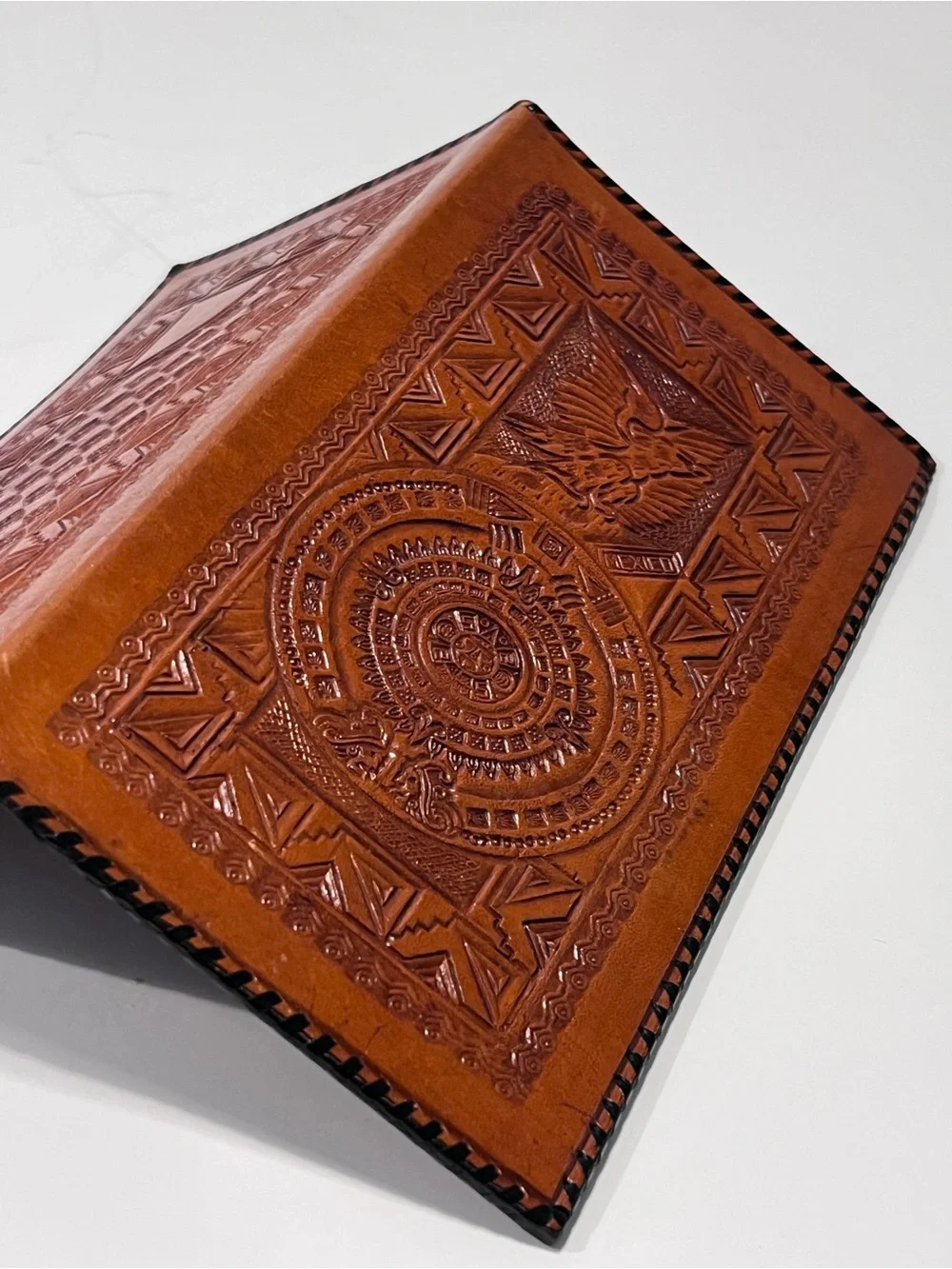 Vintage Handcrafted Leather Aztec Calendar Embossed Wallet & Check Book